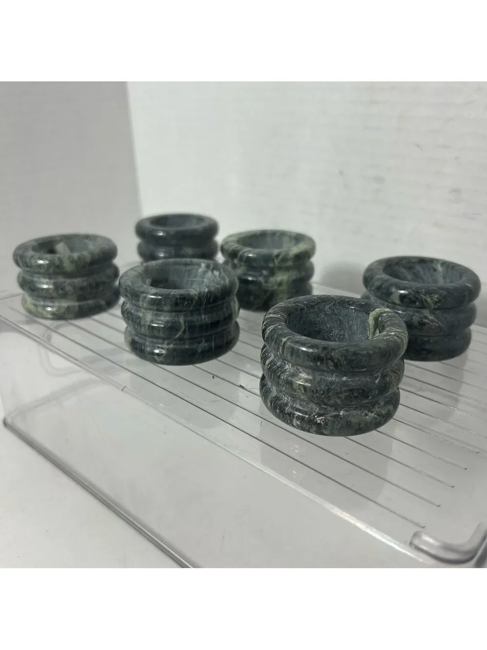 Vintage Napkin Rings Marble Green Round Carved Set of 6 2x1.25.